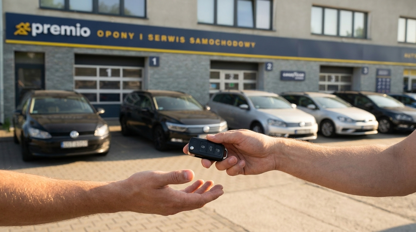 Wręczanie kluczyków do samochodu na tle budynku Premio